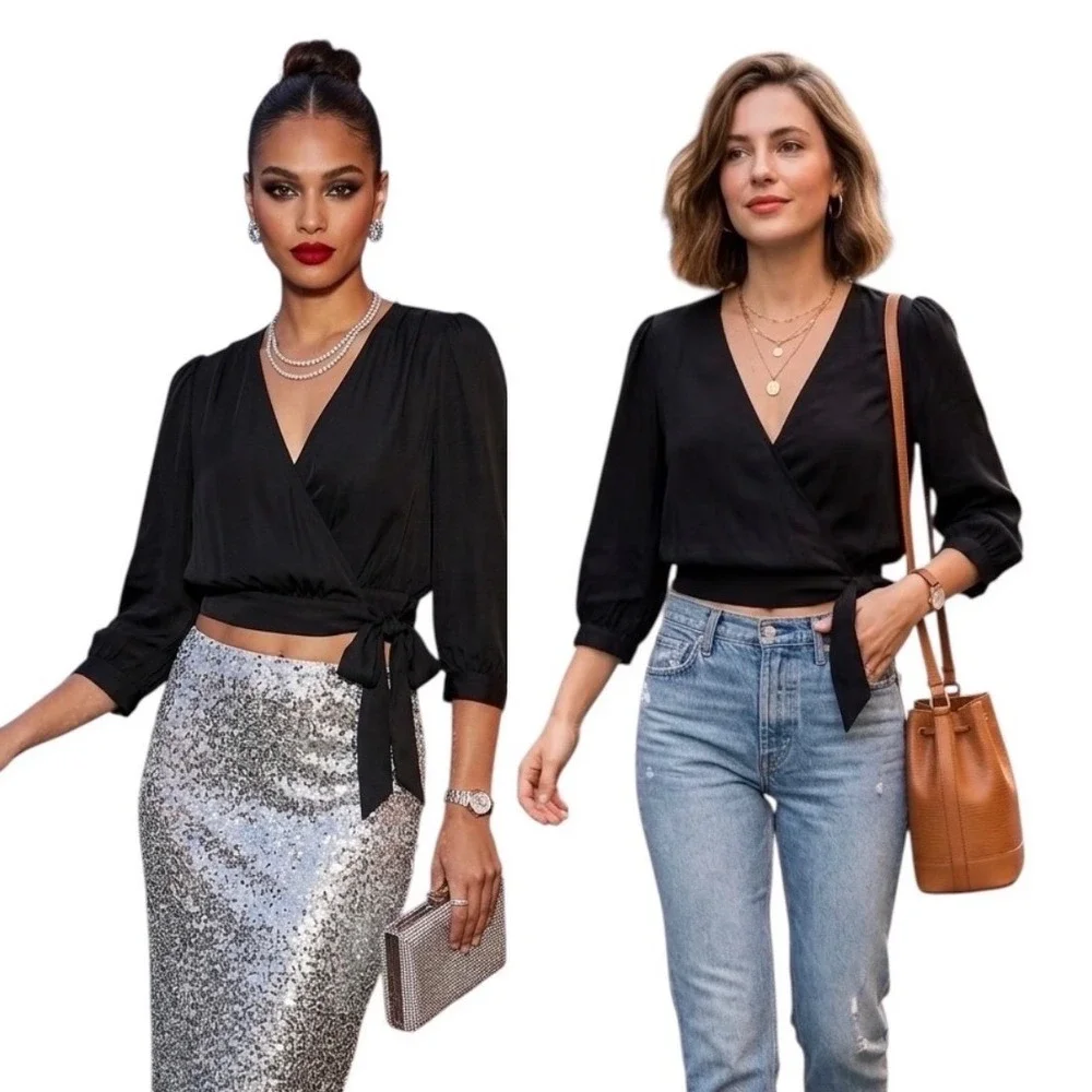 Madewell 100% Silk Black Wrap Blouse Side‎ Tie Cropped V-Neck Top Classic Glam